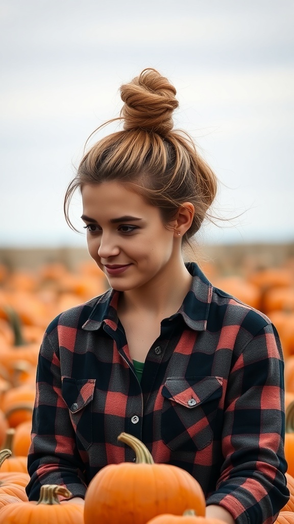A woman with a messy top knot hairstyle, wearing a flannel shirt, surrounded by pumpkins.
