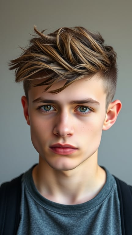 A young man with a messy undercut hairstyle, featuring tousled hair on top and short sides.