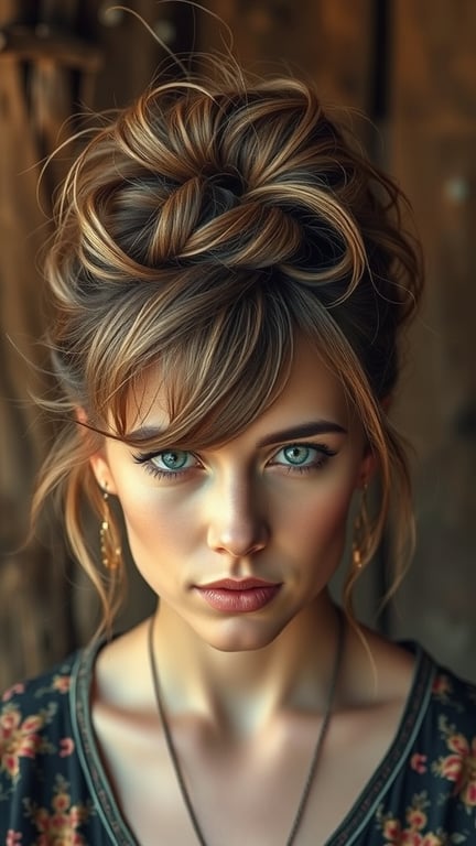 A woman with a messy updo hairstyle featuring gypsy shag elements, showcasing loose strands and a carefree look.