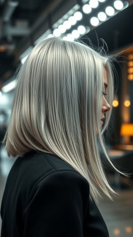A stylish bob haircut with metallic silver hair, showcasing a sleek and modern look.