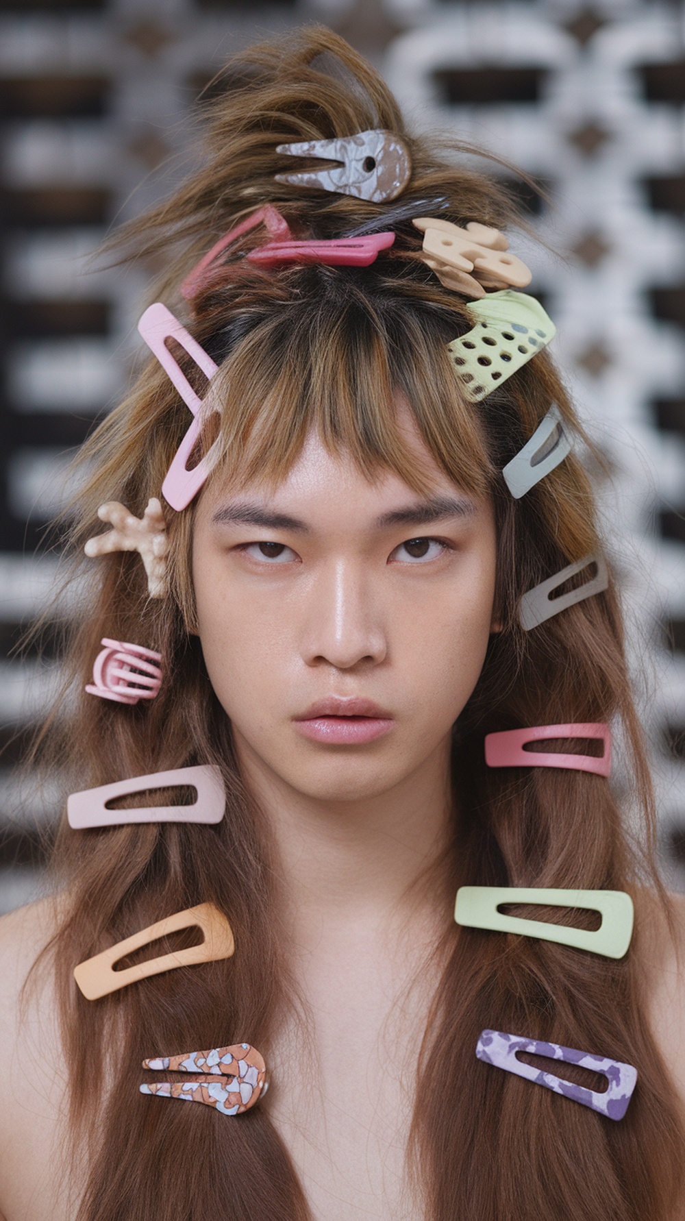A model with a playful hairstyle featuring various mismatched hair clips in different colors and shapes.