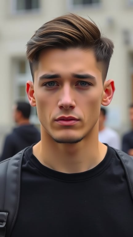 A young man with a modern bowl cut hairstyle, featuring longer hair on top and tapered sides.