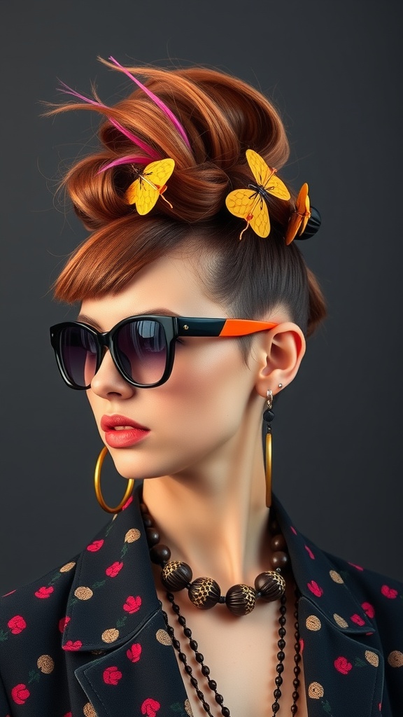 A model with a modern beehive hairstyle, featuring colorful butterfly clips and stylish sunglasses.