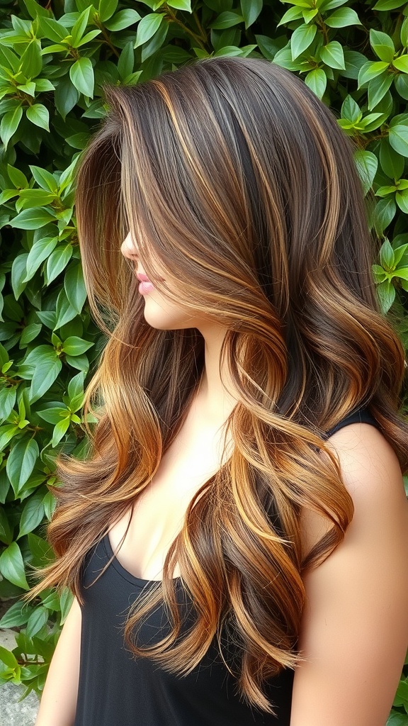 A woman with long, wavy brunette hair featuring warm highlights, standing in front of green foliage.