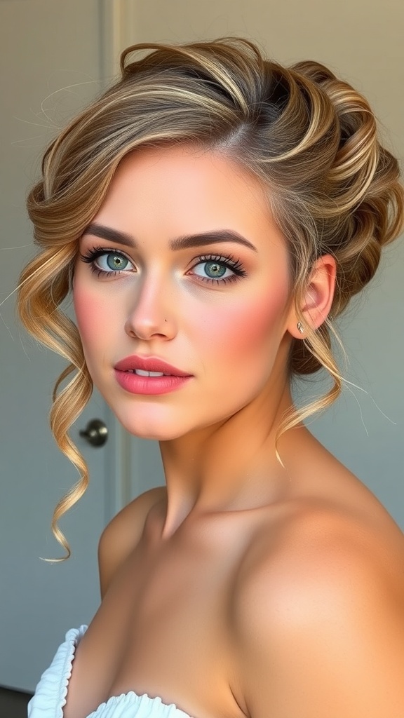 A young woman with elegant, natural hair styled in soft curls, showcasing a fresh and minimal makeup look.