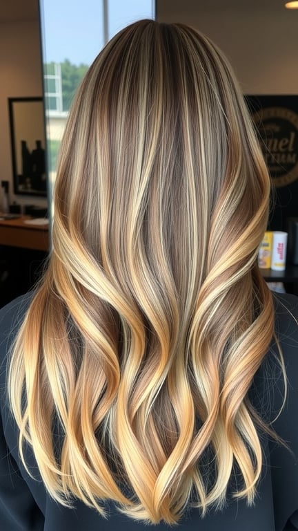 A hairstyle featuring natural ombre with chunky highlights, showcasing warm tones and soft waves.