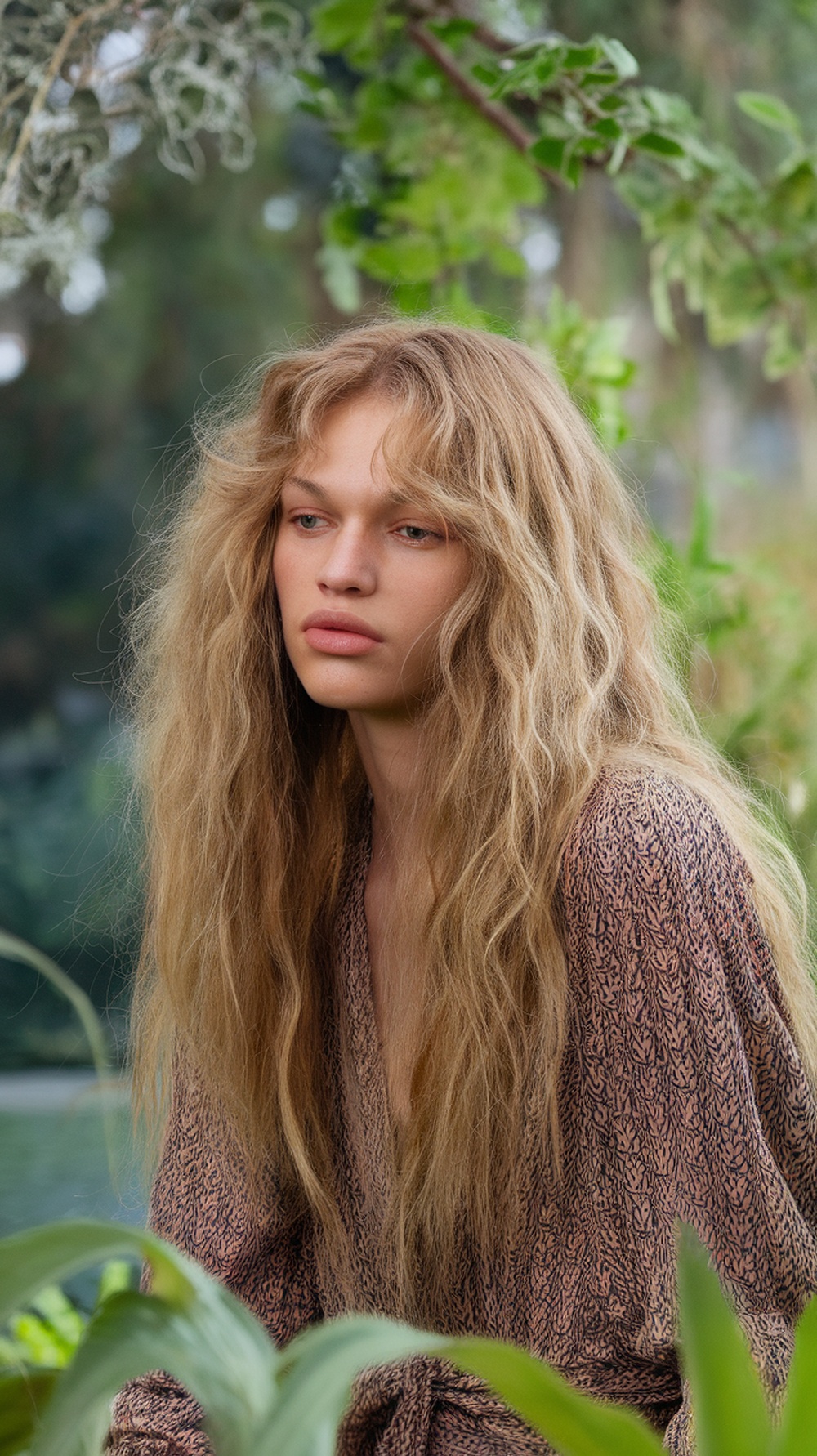 A model with long, curly hair styled in layers, surrounded by greenery.