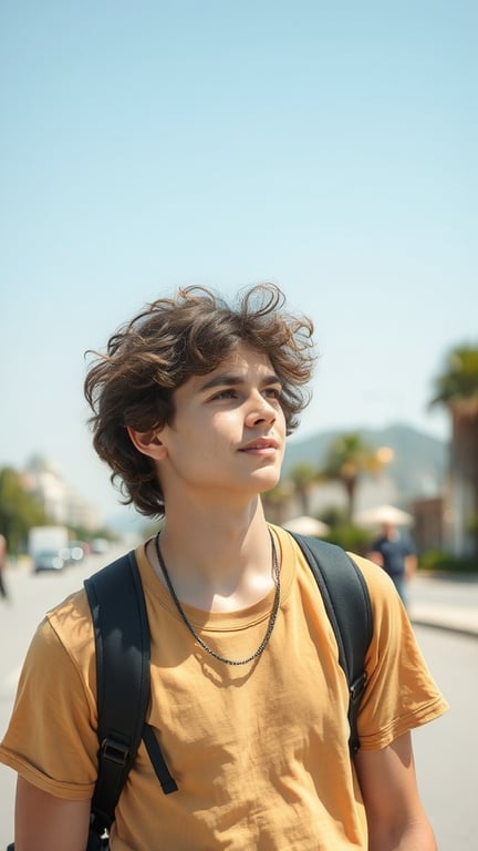 A young man with natural wavy hair, wearing a yellow t-shirt and a backpack, looking up with a relaxed expression.