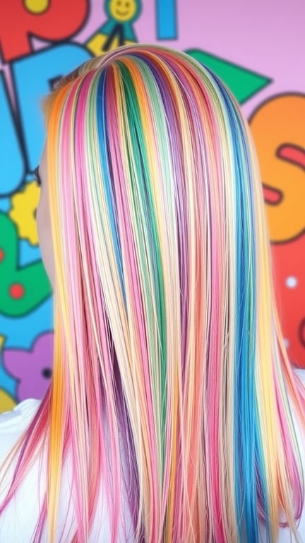 A person with pastel rainbow chunky highlights in their hair, featuring vibrant colors like pink, blue, green, and yellow.