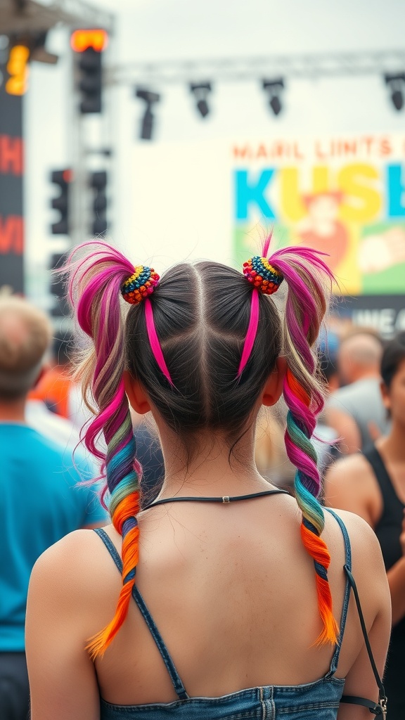 A girl with colorful pigtails and hair extensions at Coachella.