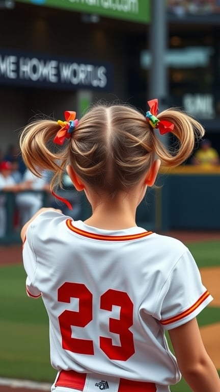 A young softball player with pigtails tied with colorful ribbons, wearing a white jersey with the number 23.
