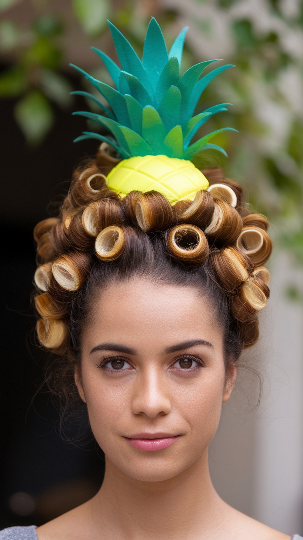 A woman with a pineapple-themed updo hairstyle featuring curls and a pineapple accessory on top.
