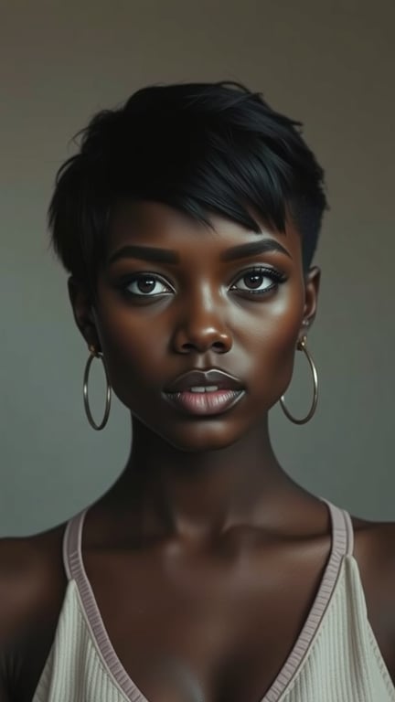 A black woman with a stylish pixie cut and defined part, showcasing her features.