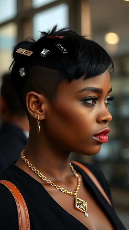 A black woman with a stylish pixie cut adorned with hair clips and elegant jewelry.