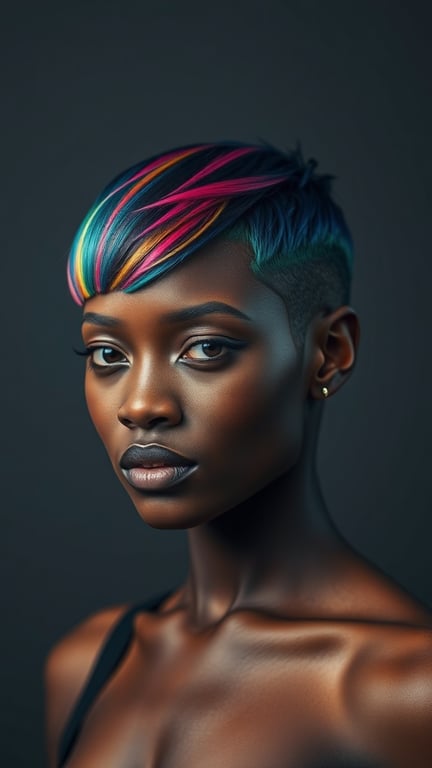 A Black woman with a colorful ombre pixie cut, featuring vibrant shades of blue, pink, and green.