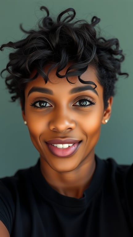 A woman with a pixie cut featuring natural curls, smiling at the camera.