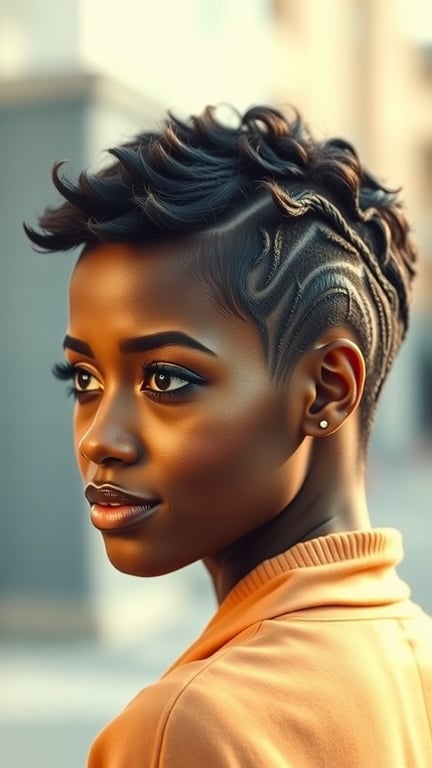 A woman with a pixie cut featuring shaved designs on the side, showcasing textured curls on top.