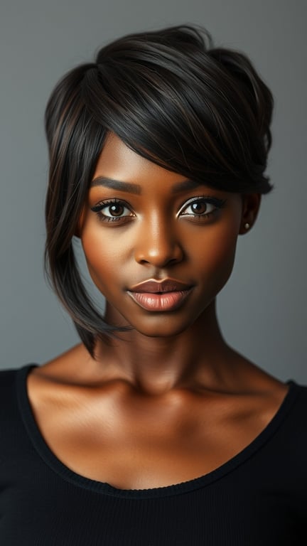 A black woman with a stylish pixie cut featuring side bangs, showcasing her natural beauty.