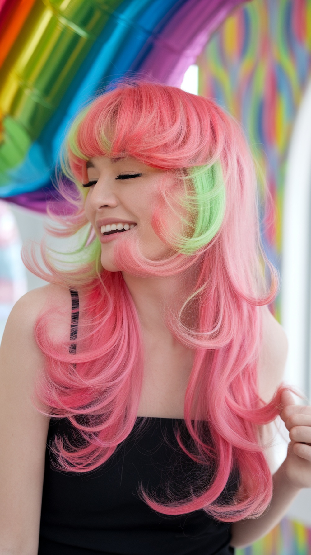 A woman with long layered hair styled in playful bouncy curls, featuring vibrant pink and green colors, smiling against a colorful background.