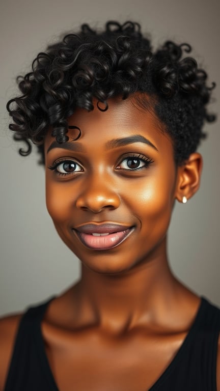 A young black woman with a playful curly pixie cut, showcasing defined curls and a bright smile.