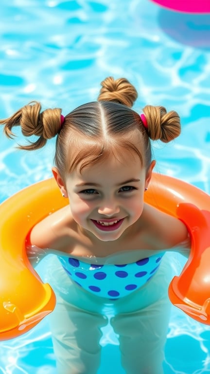 A young girl with space buns hairstyle enjoying the pool