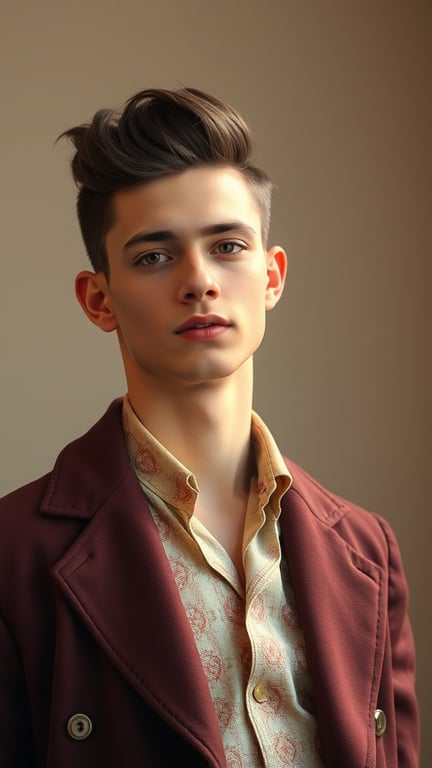 A young man with a stylish pompadour hairstyle, wearing a maroon coat and patterned shirt.