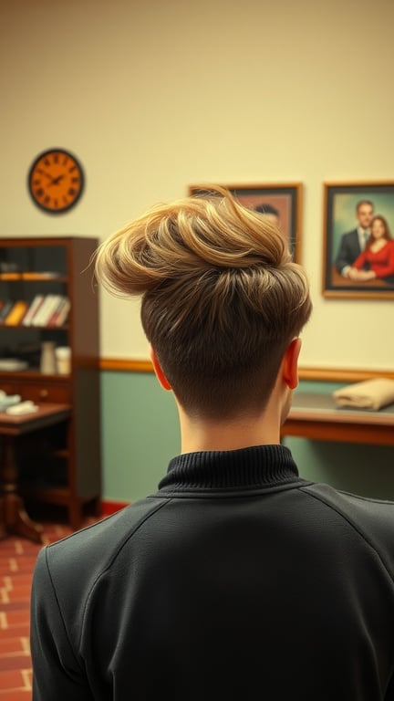 Back view of a person with a stylish pompadour mullet hairstyle.