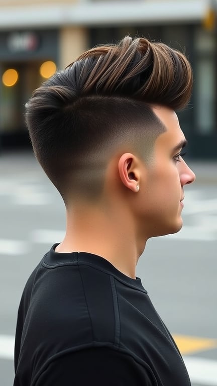 A young man with a pompadour hairstyle featuring short sides, showcasing a modern and stylish look.