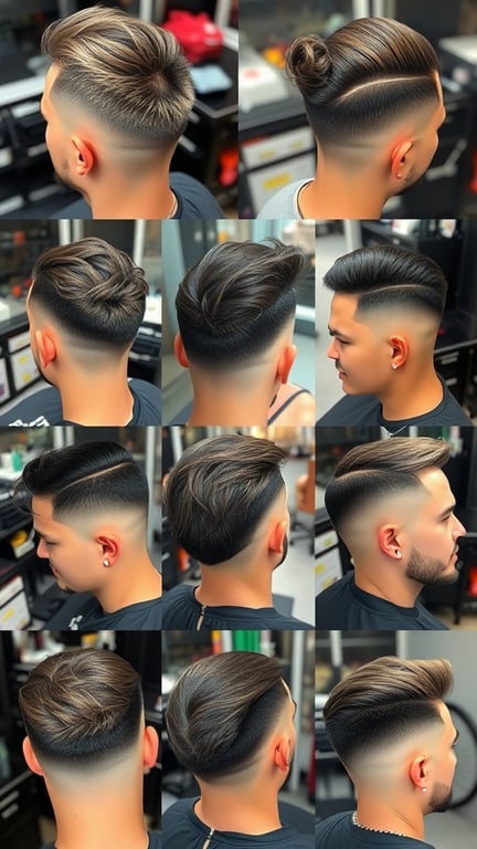 A collection of different temple fade hairstyles showcasing various styles and lengths.