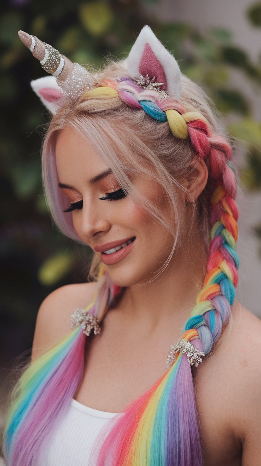A woman with rainbow-colored braids styled as a unicorn, wearing cute unicorn ears and a sparkling horn.