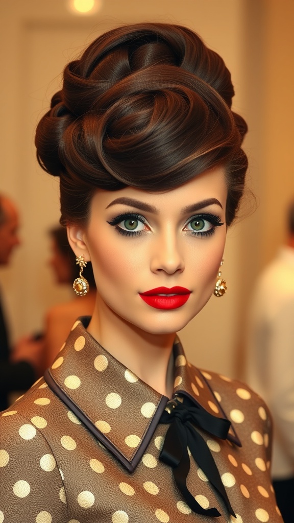 A woman with a retro beehive hairstyle, wearing a polka dot blouse and bold red lipstick.