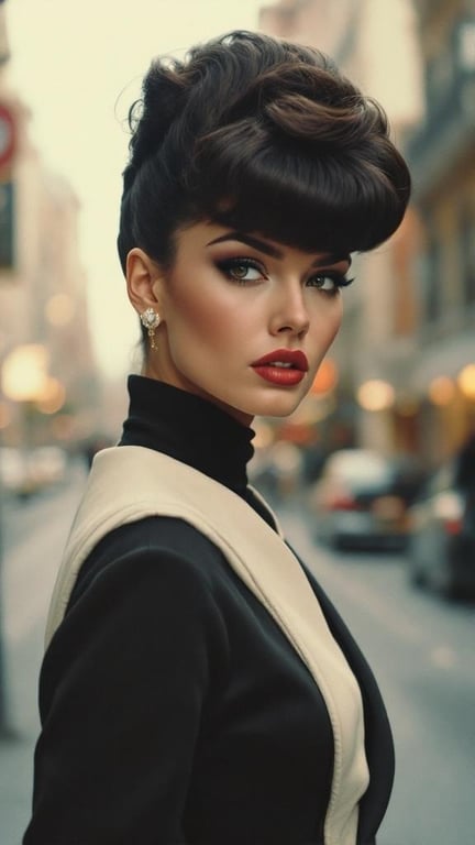 A woman with a retro bouffant hairstyle, showcasing elegance and vintage style.