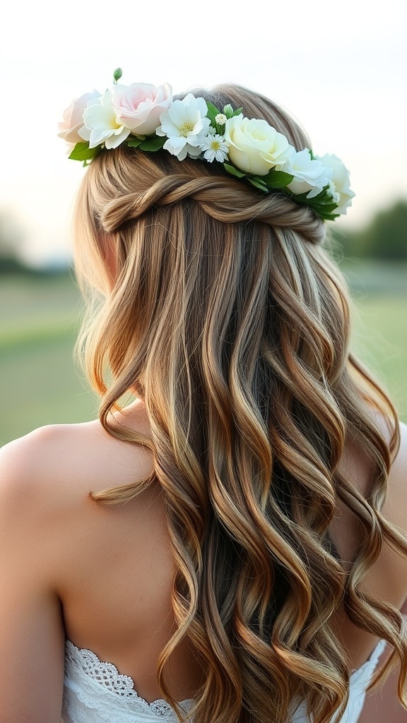 A woman with long, loose waves and a floral crown, showcasing a romantic hairstyle.