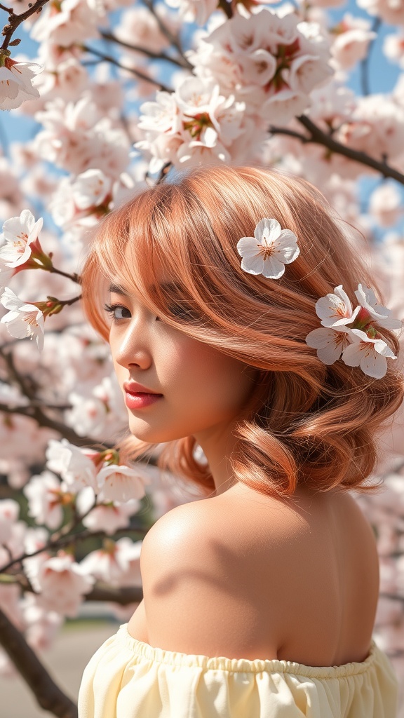 A woman with rose gold hair surrounded by cherry blossoms
