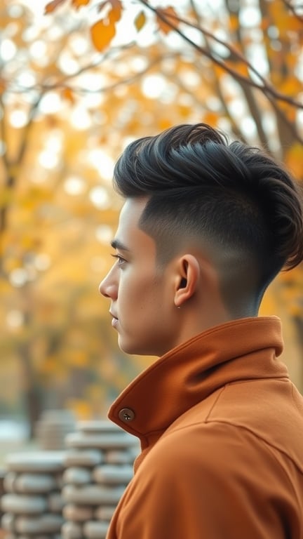 A young man with a temple fade hairstyle, wearing an orange jacket, with autumn leaves in the background.