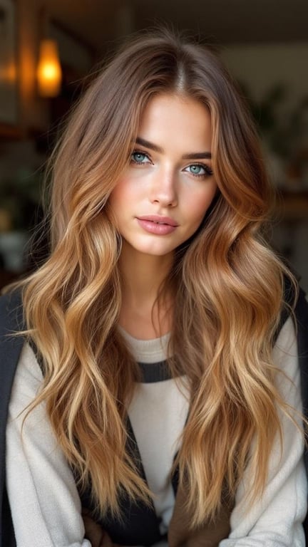 A woman with caramel highlighted brown hair, showcasing soft waves and a natural look.