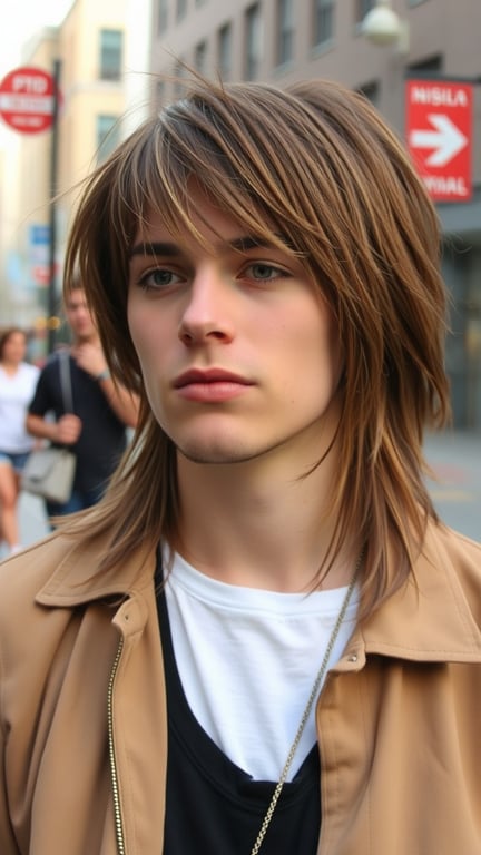 A young man with shaggy mullet hairstyle and bangs, standing in an urban setting.