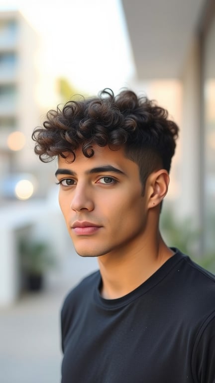 A young man with short curly hair, showcasing a stylish haircut.
