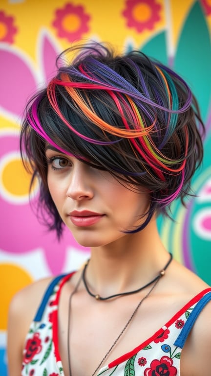 A young woman with a colorful short gypsy shag hairstyle, featuring vibrant streaks of color against a bright floral background.