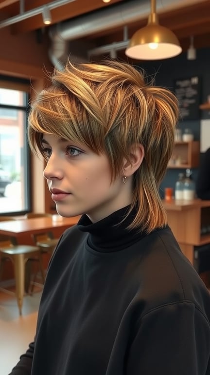 A person with a short mullet hairstyle featuring a textured top, showcasing a modern and stylish look.