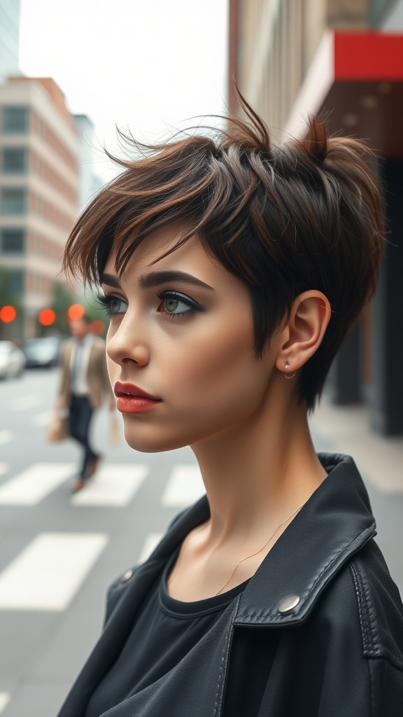 A model with a short pixie cut and wispy bangs, styled casually on a city street.