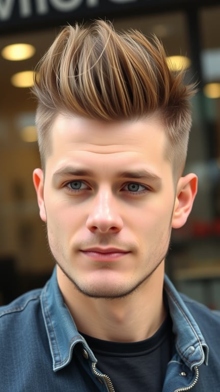 A young man with a stylish short quiff haircut, featuring voluminous hair on top and shorter sides.
