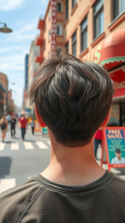 A person with a short shaggy haircut and fringe, viewed from the back, standing on a busy street.