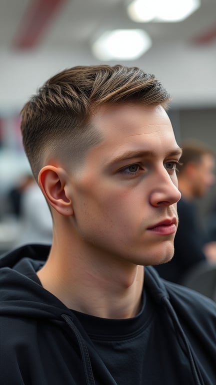 A young man with a short taper haircut, featuring faded sides and longer hair on top.