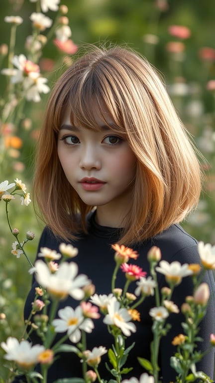 A woman with shoulder-length lob hairstyle and bangs, surrounded by flowers.