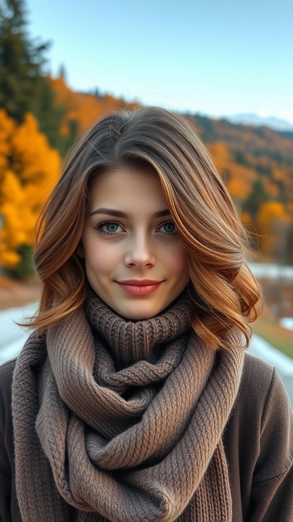 A woman with side-swept curls wearing a cozy scarf, surrounded by autumn foliage.