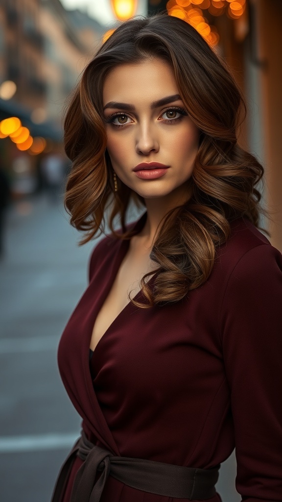 A woman with side-swept curls, wearing a burgundy dress, looking confidently at the camera.