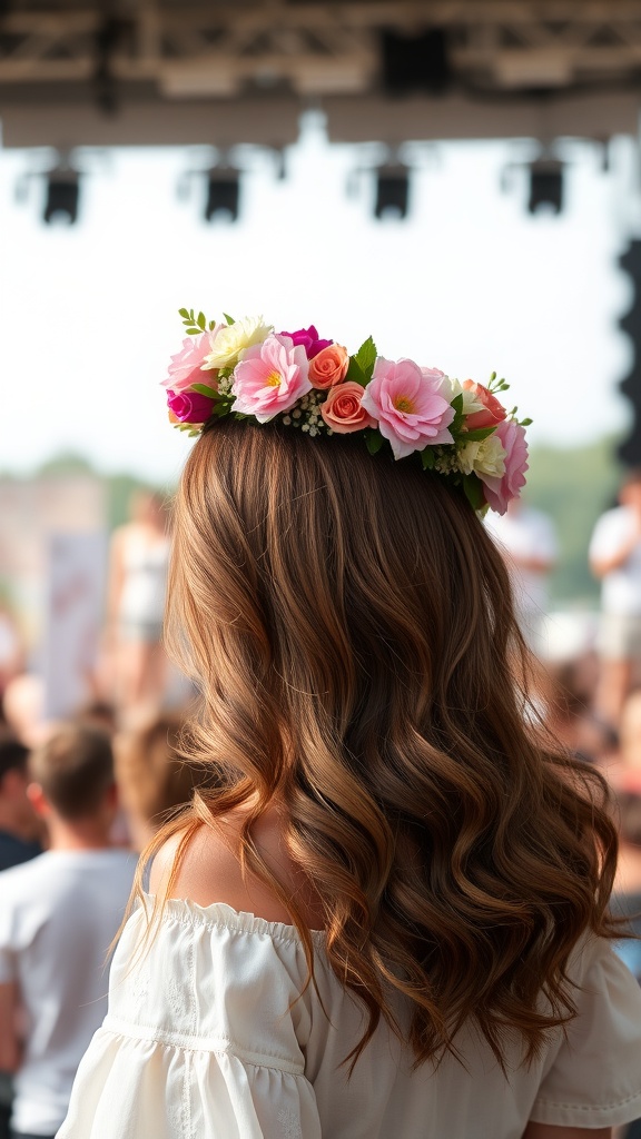 A woman with side-swept waves wearing a flower crown at a festival.