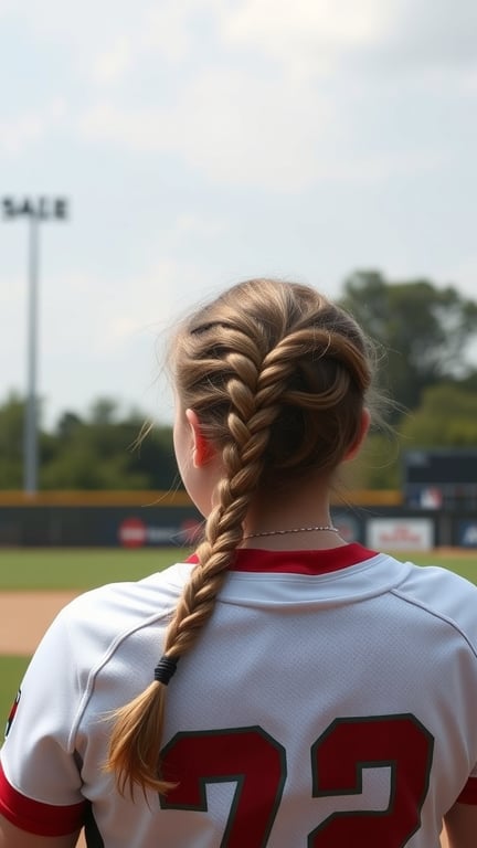 A young female softball player with a side braid, wearing a jersey, stands on a field.