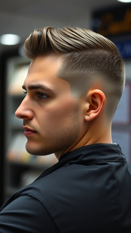 A man with a side part haircut, featuring a short back and styled hair on top.